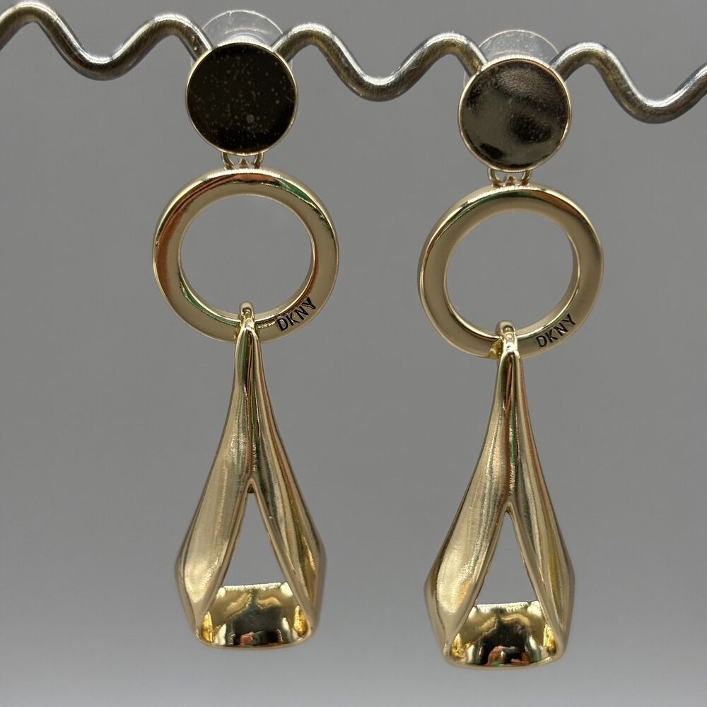 DKNY Dangle Earrings Gold Tone Geometric Modernist Sculptural Abstract Statement